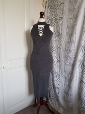 Primark Grey Faux Suede Dress Bodycon Midi Maxi Gothic Grunge Prom Dress Size 4