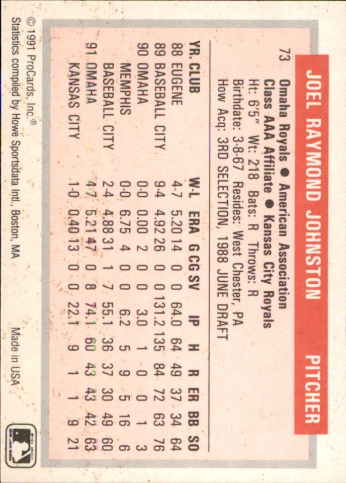 Joel Johnston 1991-92 ProCards Tomorrow's Heroes #73 RC Omaha Royals - Image 2 of 2