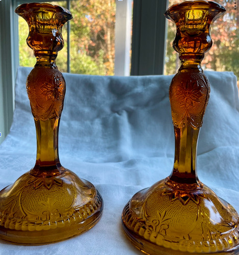 Tiara Indiana Glass Amber Daisy Mid century Candlesticks