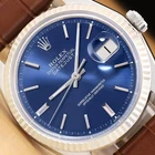 ROLEX MENS DATEJUST 1601 BLUE DIAL 18K WHITE GOLD STEEL WATCH w/ LEATHER BAND