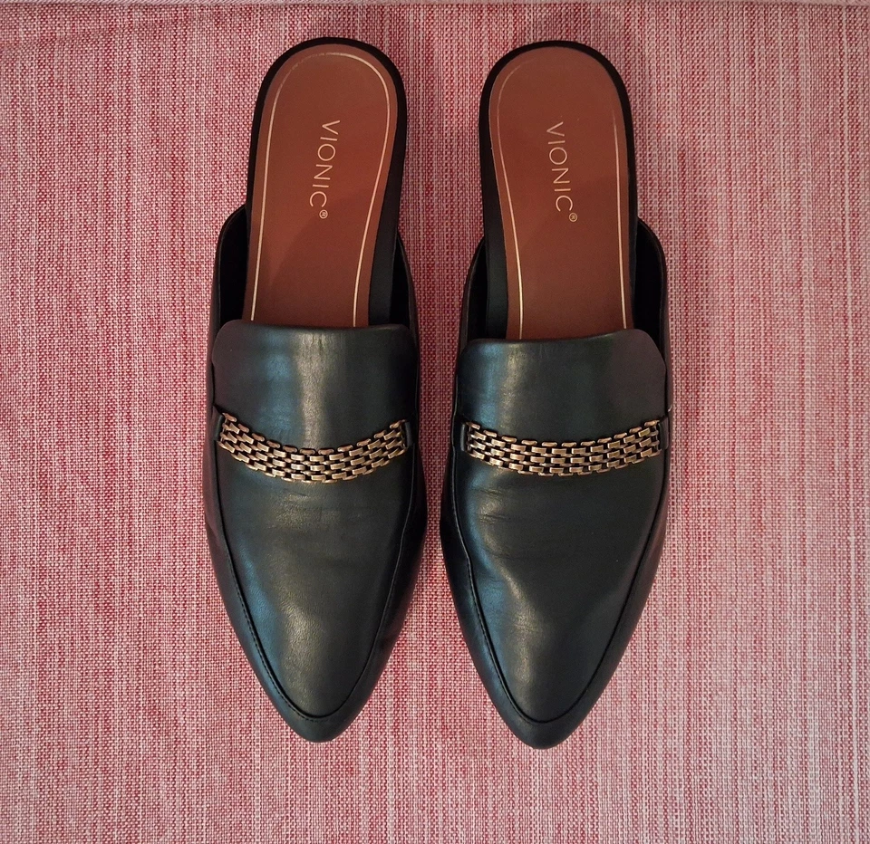 Vionic Starling Black Leather Mules Gold Trim size 10 - Image 3 of 4