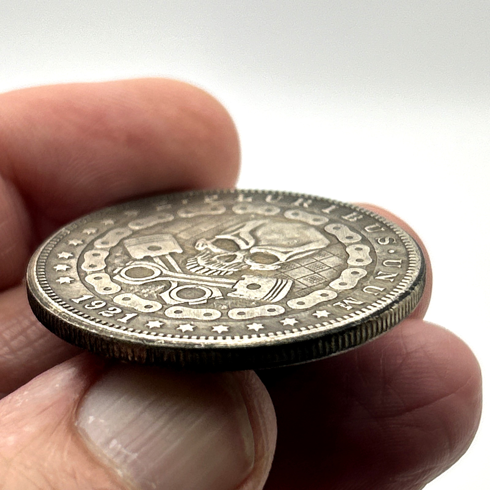 Biker Skull - Piston & Chain Good Luck Heads Tails Challenge Coin