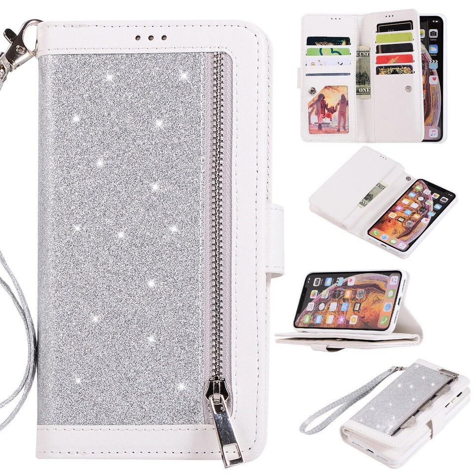 For iPhone 16 15 14 13 12 11 8 7 Pro Max SE Leather Wallet Phone Case Glittering - Image 2 of 4