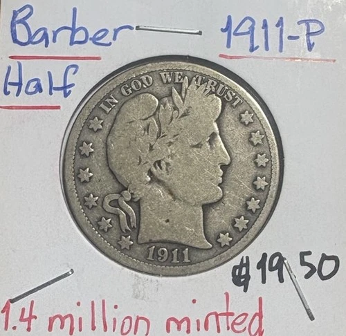 1911 Barber Half Dollar 50C Silver Circulated  0.9 Fine Silver Looks G+