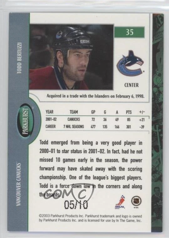 2002-03 ITG Parkhurst Gold /10 Todd Bertuzzi #35 - Image 2 of 2