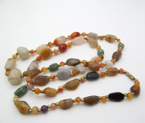 Vintage Carnelian Moss Agate Quartz Obsidian Natural Mixed Stone Necklace 36 In