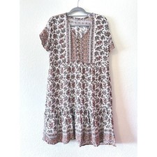 Boho Babydoll Handmade Indonesia Floral Rayon Dress Tiered V-Neck Pink Brown