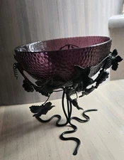 DECORATIVE PURPLE GLASS BOWL and GRAPE LEAF METAL STAND (#297) used