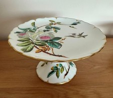 Antique Victorian Comport / Cake Stand. Hand Painted. Floral Motif & Hummingbird