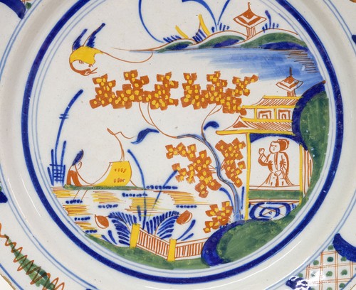12” Antique 18thC Dutch Delft Pottery Polychrome Charger Plate - Chinoiserie - Picture 2 of 4