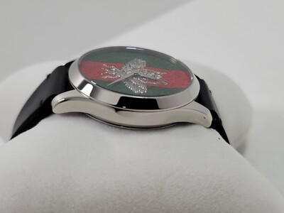 Gucci G-Timeless SWISS Quartz Green Red Bee Dial Leather Men's