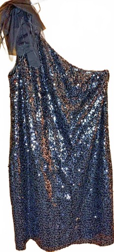 Tahari Black Sequin One Shoulder Cocktail Evening Party Sheath Dress Size 12