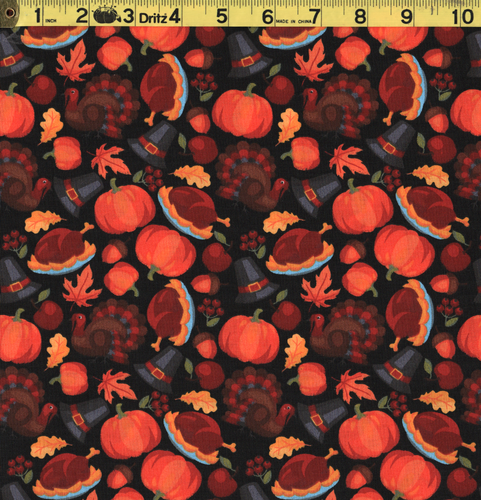 THANKSGIVING FABRIC Turkey, Pumpkins, Leaves 100% Cotton Fabric **By ...