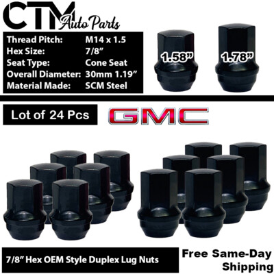 24 BLACK GMC SIERRA YUKON OEM FACTORY LUG NUTS M14X1.5  FIT 7/8'' HEX STOCK WHEEL