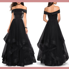 NEW 398 La Femme 4 Off the Shoulder Evening Gown in Black F664