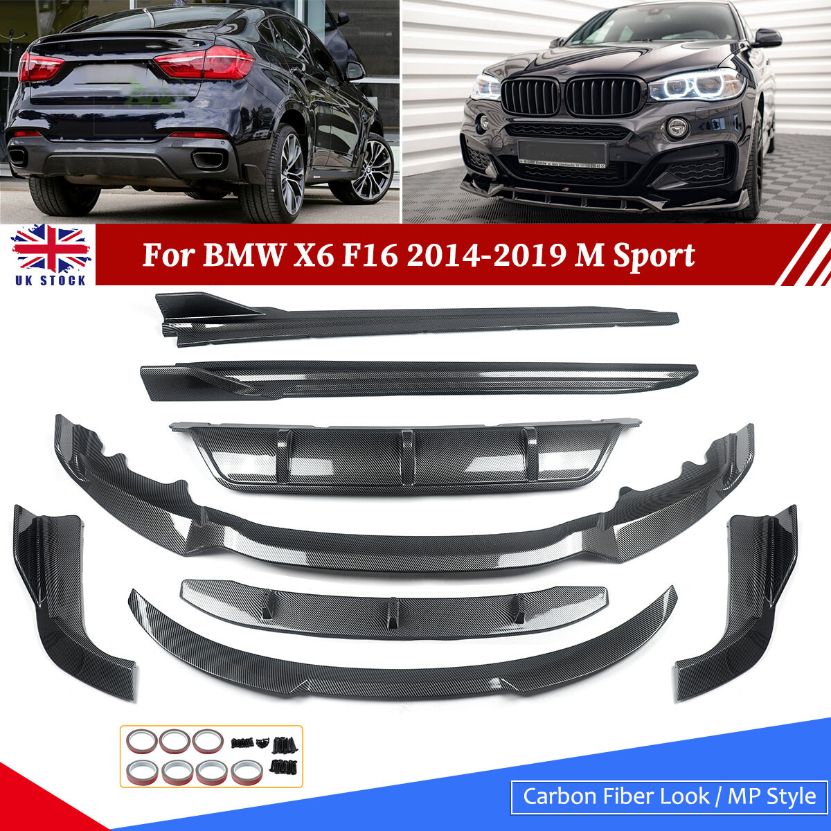FOR BMW X6 F16 2014-19 CARBON STYLE BODY KIT FRONT SPLITTER LIP REAR DIFFUSER