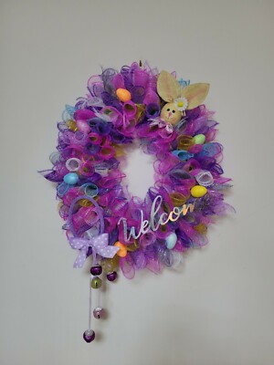 Welcome EASTER egg basket blue yellow purple pink SPRING Wreath Deco Mesh Door