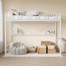 Loft Bed Twin Heavy Duty Metal Loft Bed Frame W/Arched Guardrail Safety Ladder