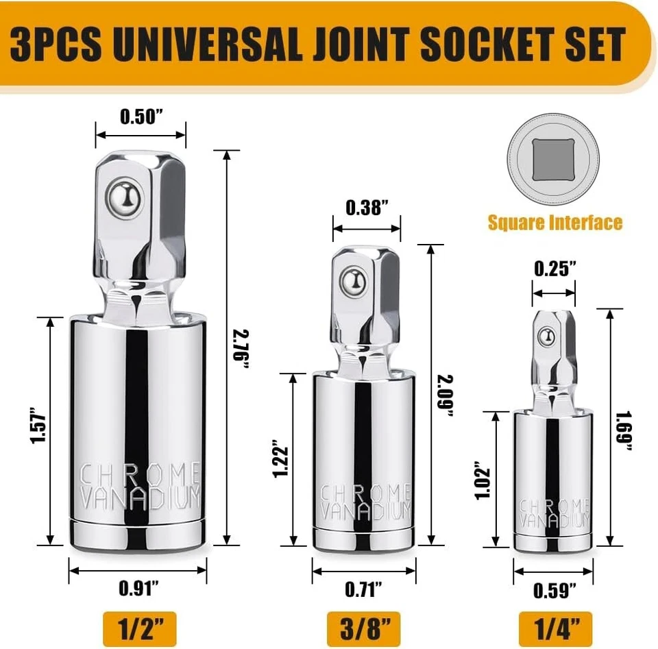 3PCS Universal Joint Socket Set, 1/4” 3/8” 1/2” Drive Swivel Socket Adapter - Image 2 of 4