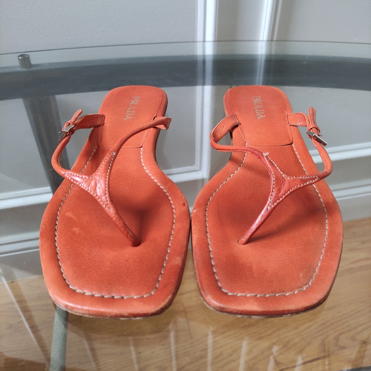 靴 99AW PRADA square toe leather mules red Prada Orange Thong Sandals Square Toe Leather Women's 39 | eBay