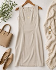 Vintage Alyn Paige Dress Womens Beige Sleeveless Sheath Minimalist Made USA 90s