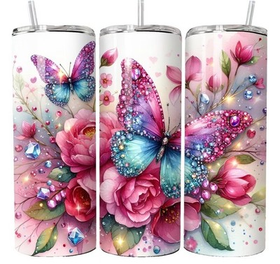 Butterfly Pink Teal Wildflower Glitter Gem 20oz Tumbler Insulated Travel Mug