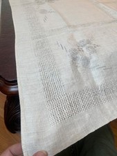 Vintage Cream Linen Tablecloth Drawn-Thread Floral Stamped for Embroidery 66x46