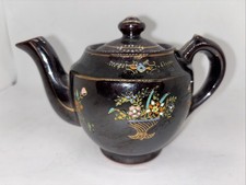 Vintage Made In Occupied Japan Hand Painted Brown Floral Teapot Gold Trim