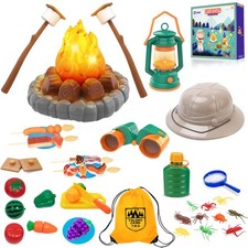 Camping Toys for Kids, Pretend Campfire, Lantern, Safari Hat, Binoculars, Bot...