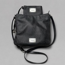 MICHAEL KORS Signature Black Leather Crossbody Messenger Bag Purse Wallet