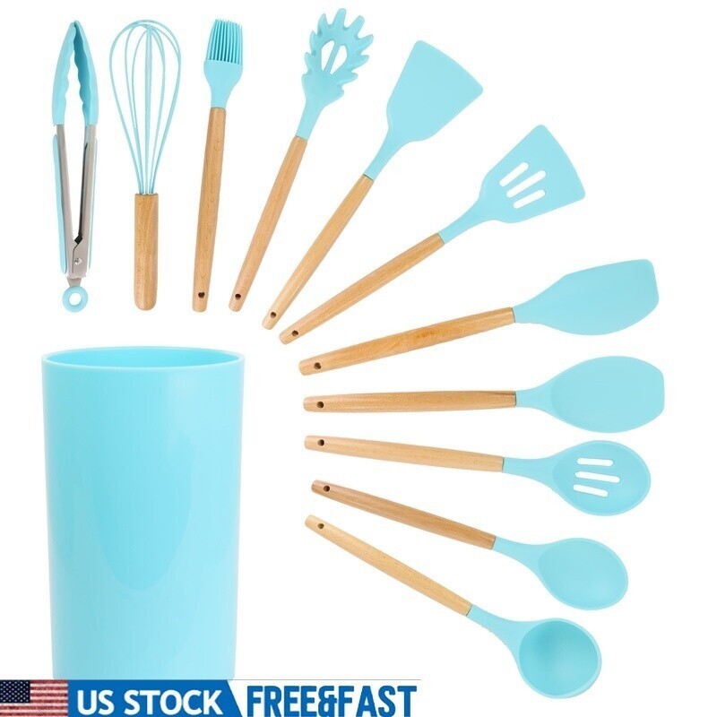 12PC Silicone Wood Kitchen Utensil Set Safe Non Scratch Cooking Tools Gift Blue