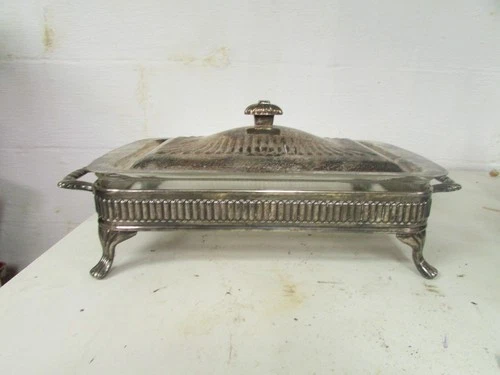 Vintage Anchor Hocking Fire King Glass Casserole Dish with Silver Plated Stand