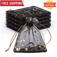 30pcs Moon Star Organza Bags Drawstring Jewelry Candy Gift Pouches 9x12cm Black