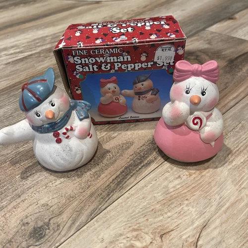 Snowman Boy Girl Holiday Salt & Pepper Shakers Set Collectible Collector 1995