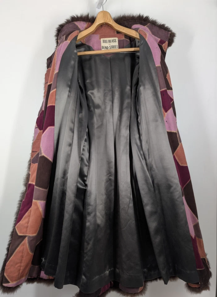 Bill Blass Bond Street Vtg 60s Mod Corduroy Op Art Patchwork Fur Belt Trench 36" - Image 3 of 4