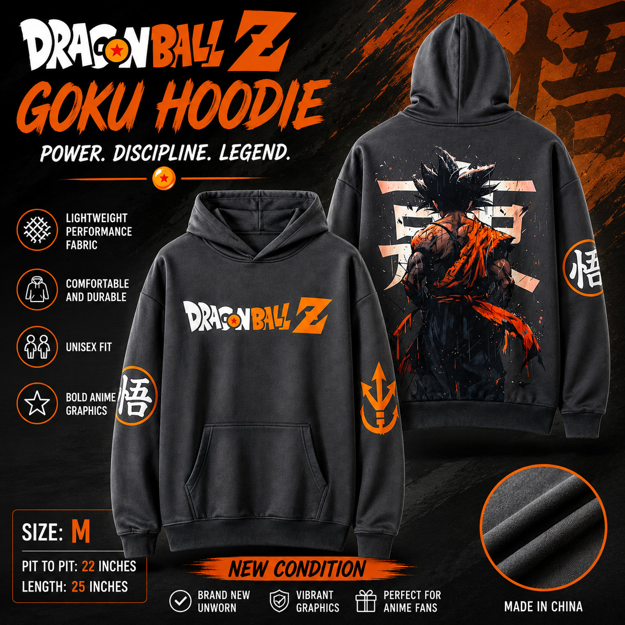 Dragon Ball Z Goku Sudadera con Capucha Talla M Gris Anime Pullover Sudadera Nuevo Gráfico