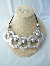 Textured Silvertone Chunky Circles Chains  Black Cord Necklace  Earrings Set