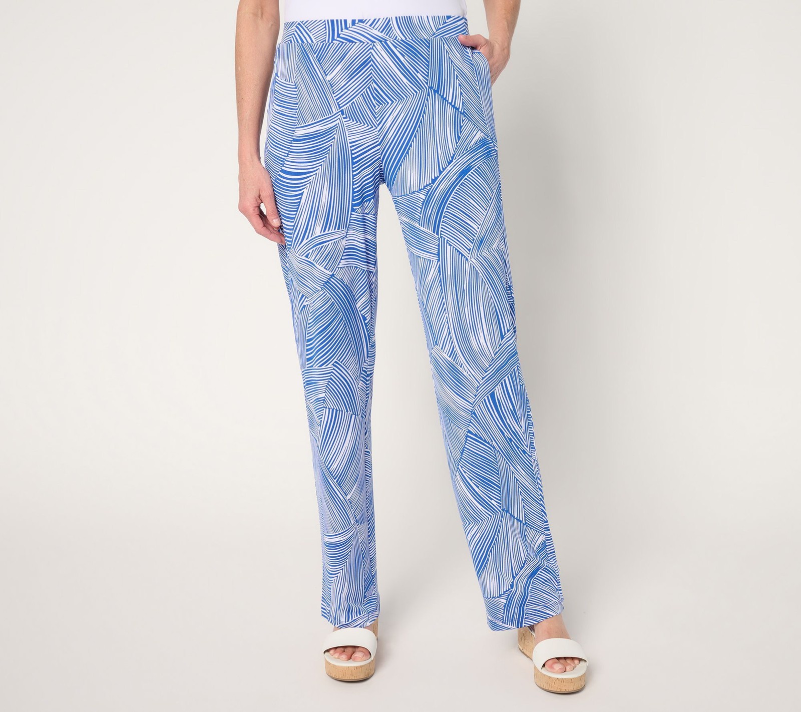 Susan Graver Women's Pants Sz L Regular Printed Liquid Knit Sofia Blue A684099