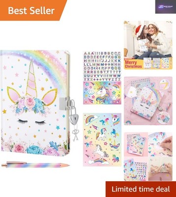 Silber Einhorn A5 Tagebuch Set für Kinder - abschließbares Journal mit Stift und Stickern