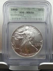 1992 $1 AMERICAN SILVER EAGLE ICG MS70 GREEN LABEL