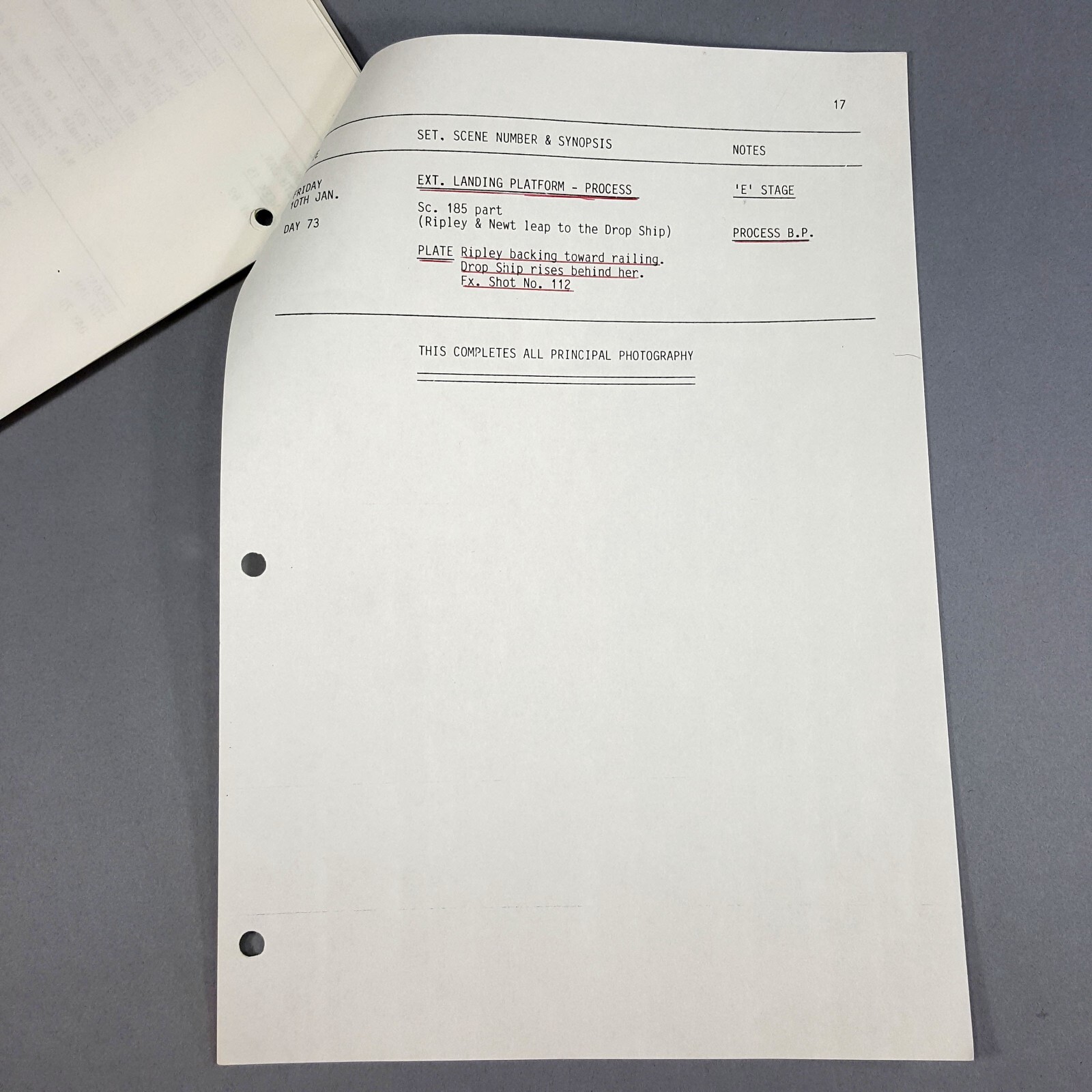 Image 19 of Aliens (1986) - Production Used Shooting Schedule, Days 26-73, COA