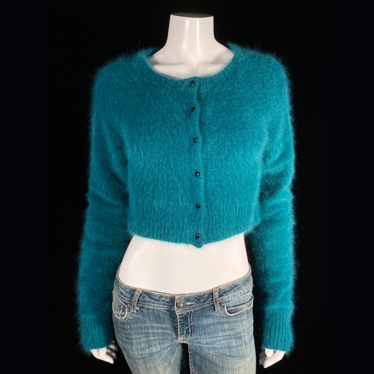 70% Angora Fuzzy REVIEW Green Cropped Cardigan Sweater 32 inch