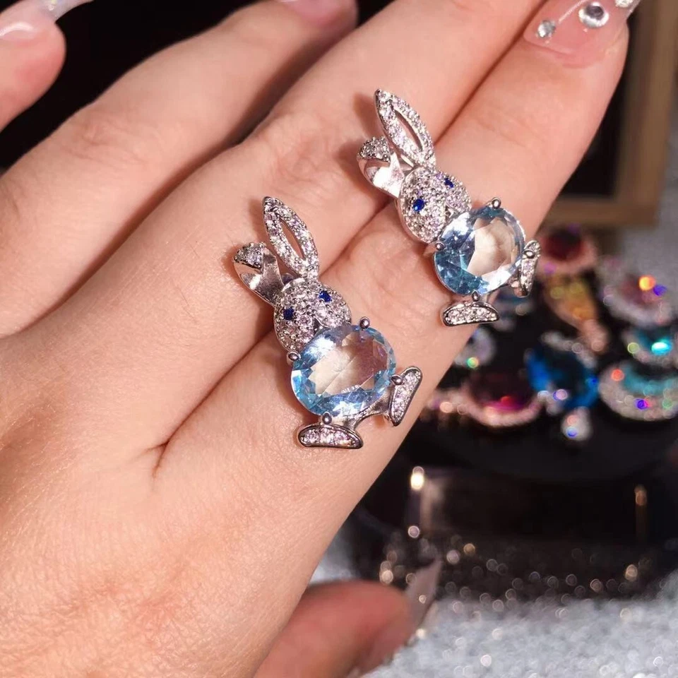 Nuevo Lindo Conejo Azul Topacio Gemas Dije Mujeres Niña Plata Collar Pendiente Foto 3 de 4