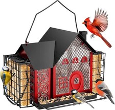 Bird Feeders for Outdoors Hanging Metal Bird Feeder with Double Suet Cage Red