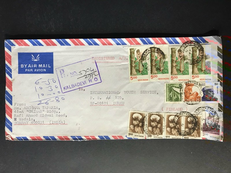 India Registered Cover to Finland City Cancel 1980s-1990s Cover #2200