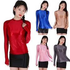 Womens Shiny Satin Glossy Blouse Stretch Shirts Fitness Slim Long Sleeve T-Shirt