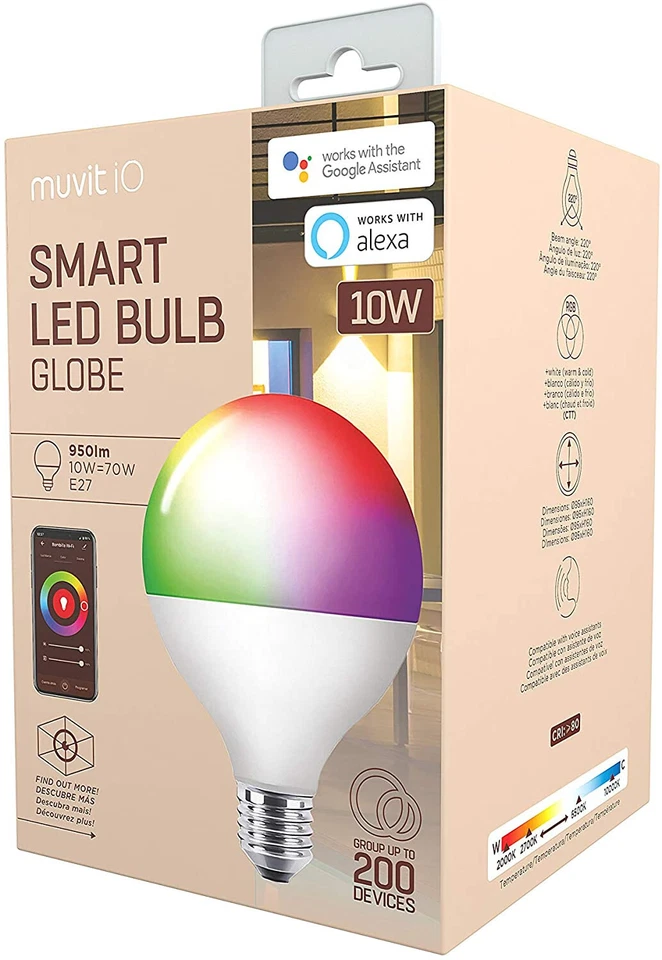 Bombilla inteligente muvit iO Globo E27/10W/950lm RGB+BlancoD95*H160 - Imagen 3 de 4