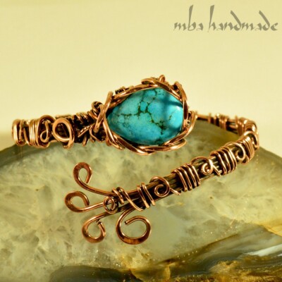Women's Turquoise Crystal Wire Wrapped Copper Cuff Handmade Bracelet