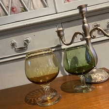 X 2 LARGE VINTAGE TWISTED COLOURED BRANDY BALLOON GLASSES VGC