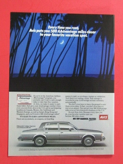 Oldsmobile Cutlass Supreme Avis 1985 anuncio impreso original 8,5 x 11" Foto 2 de 4